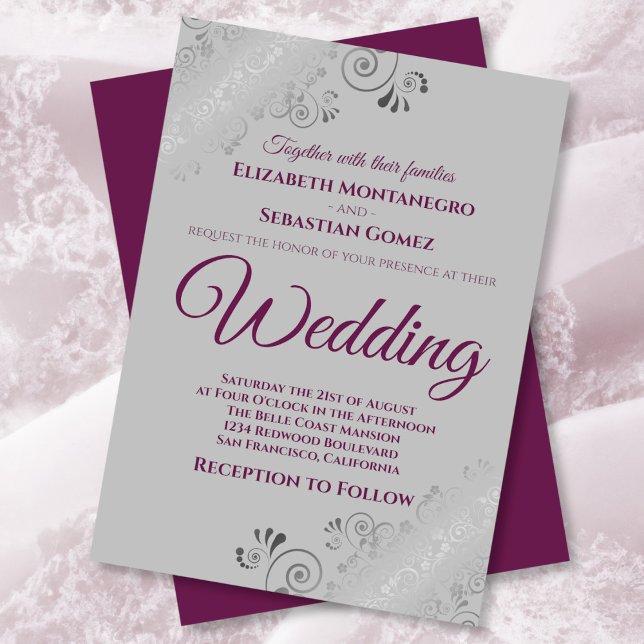 Silver Frills Cassis Purple on Grey Wedding Invitation (Creator Uploaded)