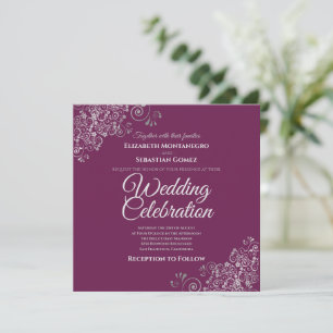 Silver Frills Cassis Simple Elegant Square Wedding Invitation