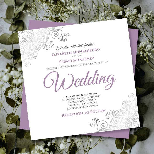 Silver Frills Chic Lavender & White Square Wedding Invitation (Creator Uploaded)