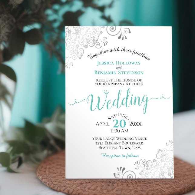 Silver Frills Elegant Aqua Cyan on White Wedding Invitation (Creator Uploaded)