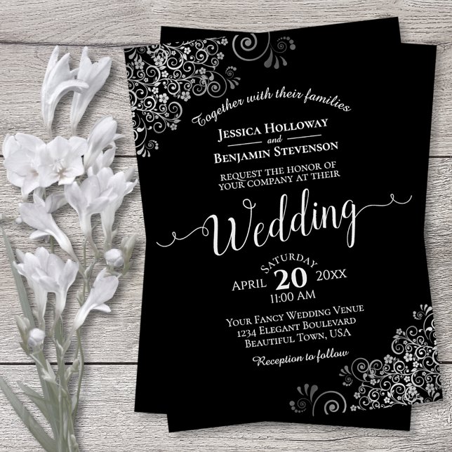 Silver Frills Elegant Black Wedding Invitation (Creator Uploaded)
