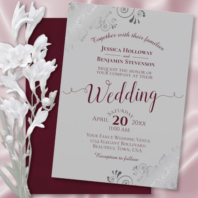 Silver Frills Elegant Burgundy & Grey Wedding Invitation (Creator Uploaded)