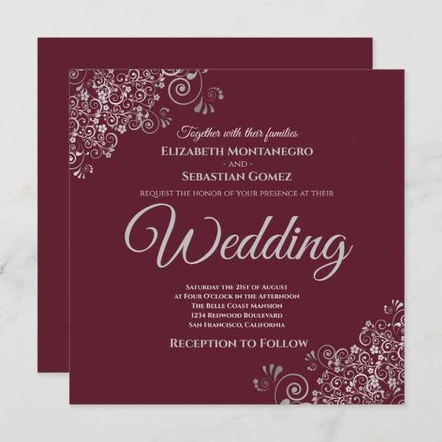 Silver Frills Elegant Burgundy Square Wedding Invitation (Front/Back)