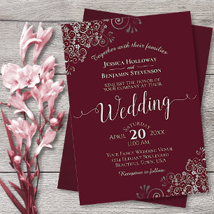Silver Frills Elegant Burgundy Wedding Invitation