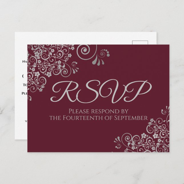 Silver Frills Elegant Burgundy Wedding RSVP Postcard (Front/Back)