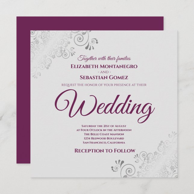 Silver Frills Elegant Cassis & Grey Square Wedding Invitation (Front/Back)