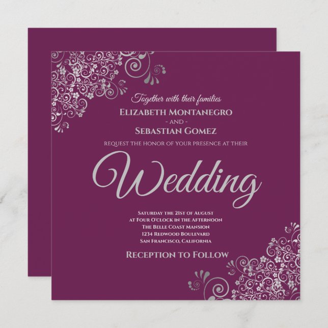 Silver Frills Elegant Cassis Purple Square Wedding Invitation (Front/Back)