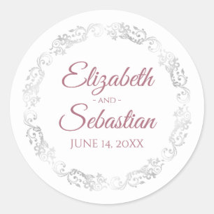 Silver Frills Elegant Dusty Rose & White Wedding Classic Round Sticker