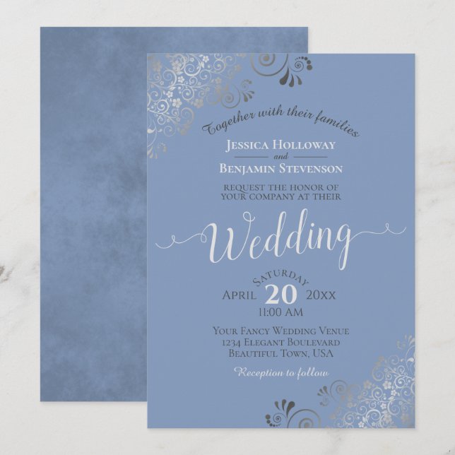 Silver Frills Elegant Grey on Light Blue Wedding Invitation (Front/Back)