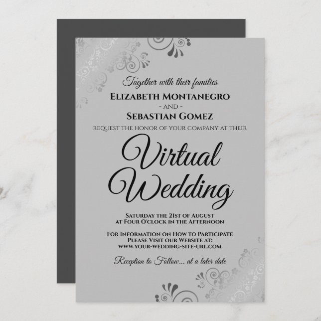 Silver Frills Elegant Grey Virtual Wedding Invitation (Front/Back)