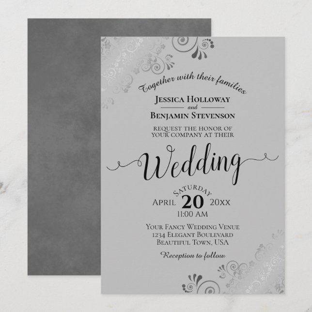 Silver Frills Elegant Grey Wedding Invitation (Front/Back)