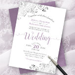 Silver Frills Elegant Lavender on White Wedding Invitation<br><div class="desc">This beautiful wedding invitation features a simple yet elegant design with lacy light purple or lavender coloured script calligraphy on a white background and frilly silver grey faux foil filigree in the corners. The wording is formal,  but the layout is modern and stylish.</div>