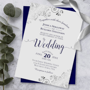 Silver Frills Elegant Navy Blue & Grey Wedding Invitation