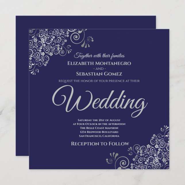 Silver Frills Elegant Navy Blue Square Wedding Invitation (Front/Back)