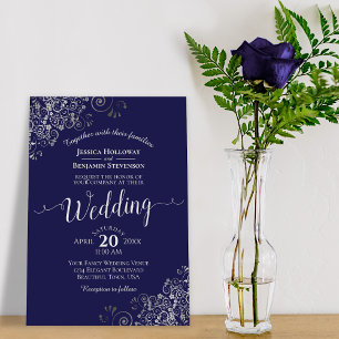 Silver Frills Elegant Navy Blue Wedding Invitation