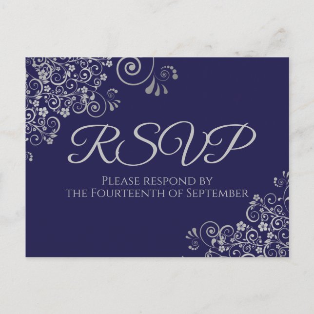 Silver Frills Elegant Navy Blue Wedding RSVP Postcard (Front)