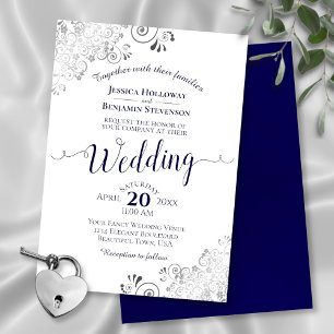 Silver Frills Elegant Navy Blue & White Wedding Invitation