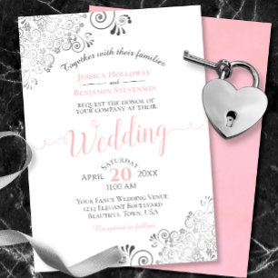 Silver Frills Elegant Pink & Grey on White Wedding Invitation