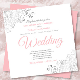 Silver Frills Elegant Pink & White Square Wedding Invitation