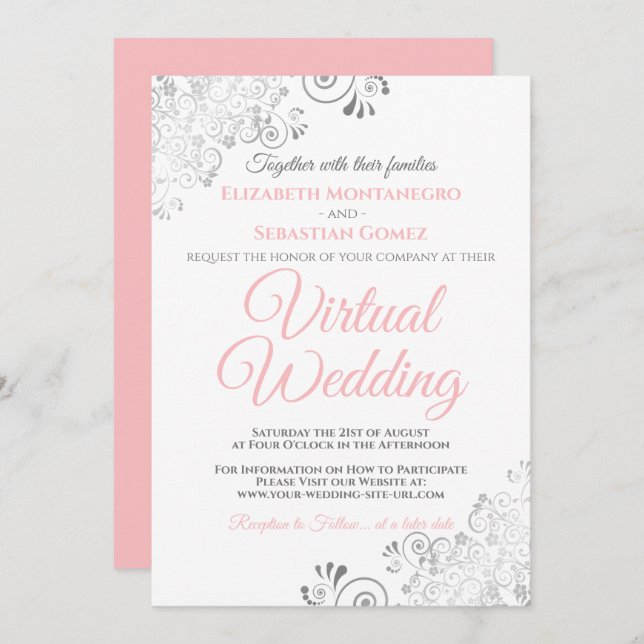 Silver Frills Elegant Pink & White Virtual Wedding Invitation (Front/Back)