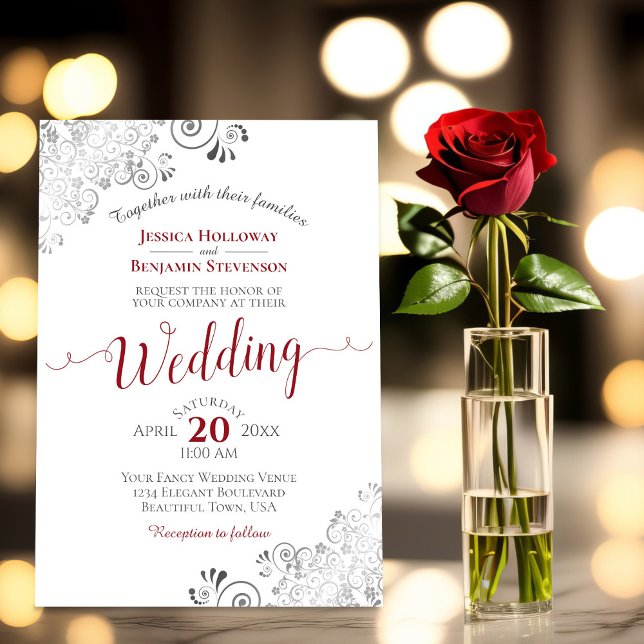 Silver Frills Elegant Red & Gray on White Wedding Invitation (With Rose Vase)