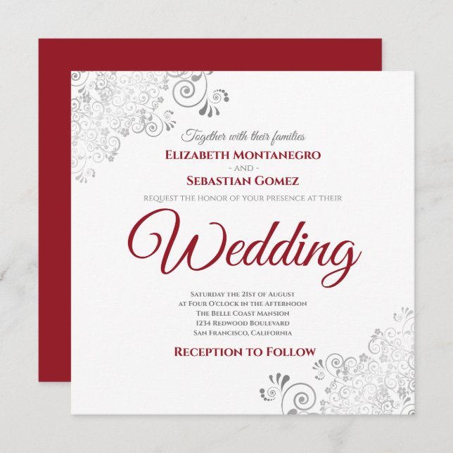 Silver Frills Elegant Red & White Square Wedding Invitation (Front/Back)