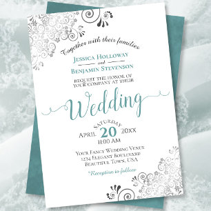 Silver Frills Elegant Teal & Grey on White Wedding Invitation