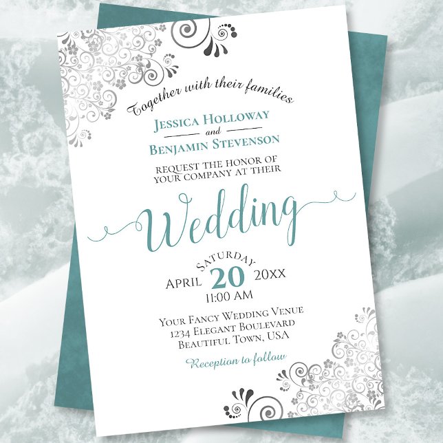 Silver Frills Elegant Teal & Grey on White Wedding Invitation (Creator Uploaded)