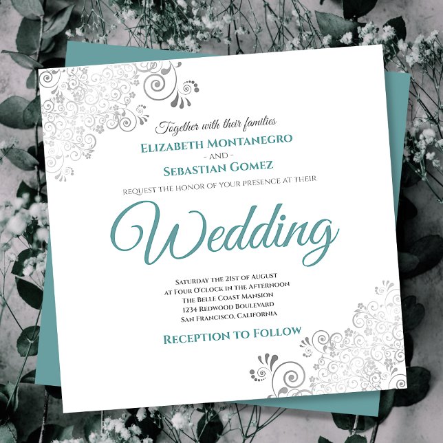 Silver Frills Elegant Teal & White Square Wedding Invitation (Creator Uploaded)