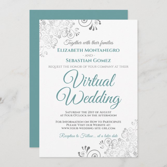 Silver Frills Elegant Teal & White Virtual Wedding Invitation (Front/Back)