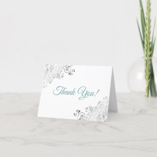 Silver Frills Elegant White & Teal Wedding Photo Thank You Card