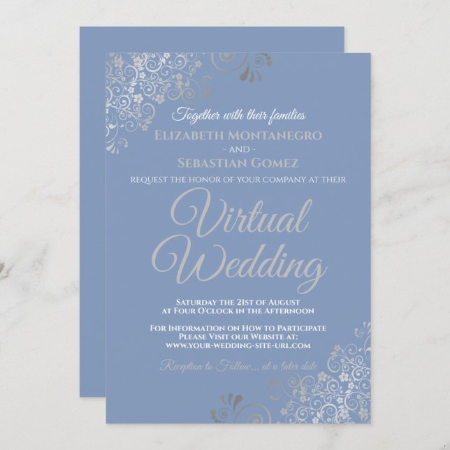 Silver Frills Light Blue and Grey Virtual Wedding Invitation (Front/Back)