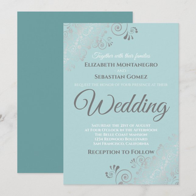 Silver Frills Light Teal and Grey Wedding Invitation (Front/Back)