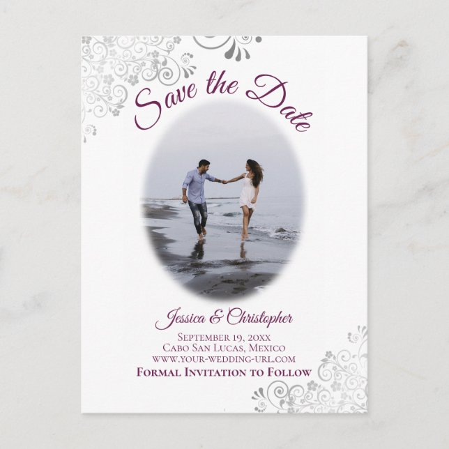 Silver Frills Magenta Photo Wedding Save the Date Announcement Postcard (Front)