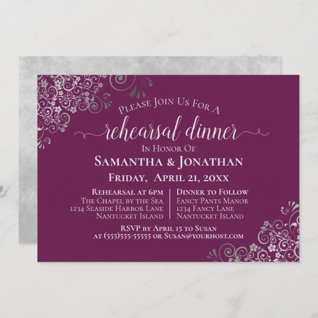 Silver Frills Magenta Wedding Rehearsal & Dinner Invitation (Front/Back)