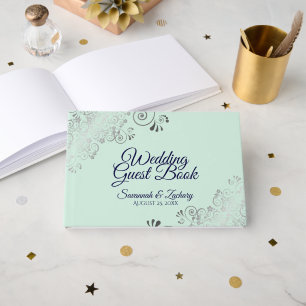 Silver Frills Mint Green & Navy Elegant Wedding Guest Book