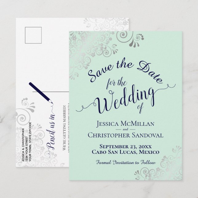 Silver Frills Mint & Navy Wedding Save the Date Announcement Postcard (Front/Back)