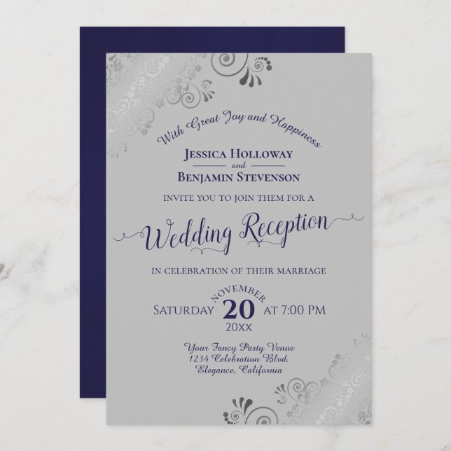 Silver Frills Navy Blue & Grey Wedding Reception Invitation (Front/Back)