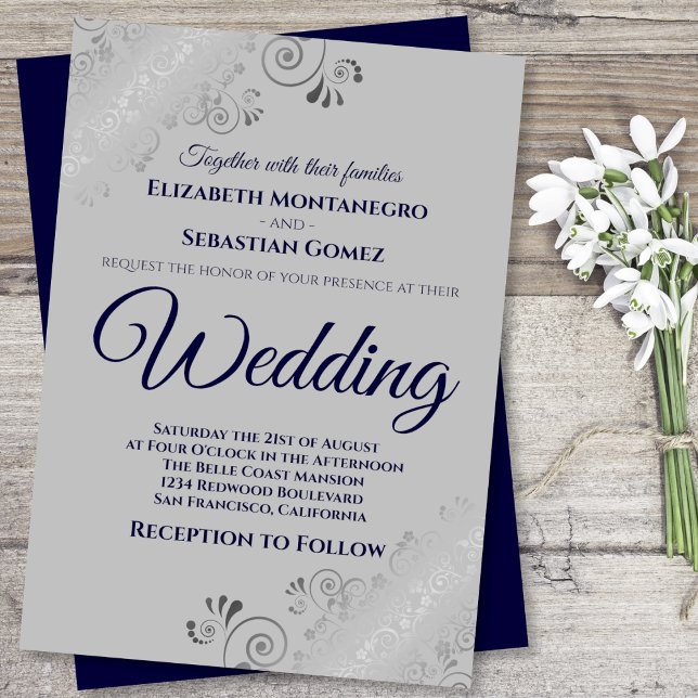 Silver Frills Navy Blue on Gray Wedding Invitation (Creator Uploaded)