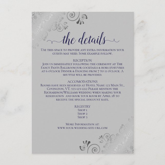 Silver Frills Navy Blue on Grey Wedding Details Enclosure Card (Front)