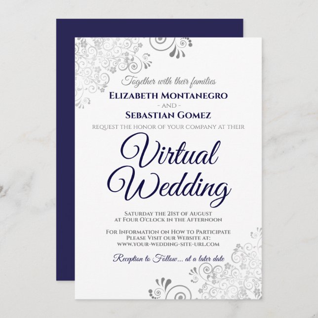 Silver Frills Navy Blue & White Virtual Wedding Invitation (Front/Back)