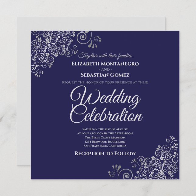 Silver Frills Navy Simple Elegant Square Wedding Invitation (Front/Back)