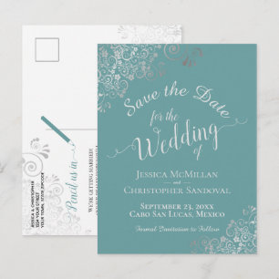 Silver Frills on Aqua Teal Wedding Save the Date Announcement Postcard