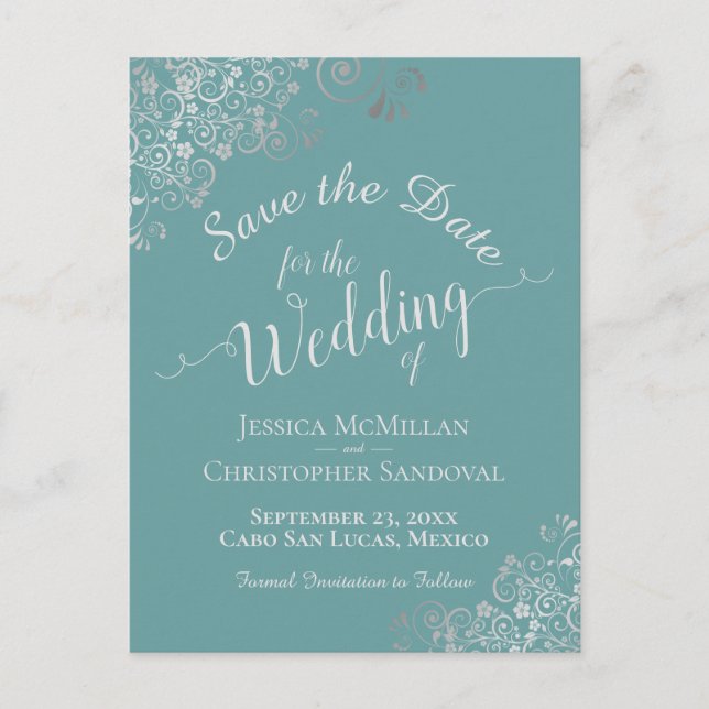 Silver Frills on Aqua Teal Wedding Save the Date Announcement Postcard (Front)