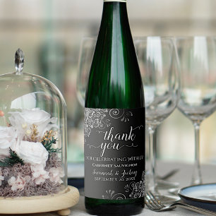 Silver Frills on Black Wedding Thank You Wine Label
