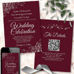 Silver Frills on Burgundy Elegant QR Code Wedding Invitation<br><div class="desc">This beautiful wedding invitation is stylish, simple and elegant. It features pale silver-grey script lettering on a burgundy, maroon, or wine-red coloured background with silver faux foil filigree in each corner. The understated design is offset by the ornate frills and swirls of the artwork. The back has a customisable QR...</div>
