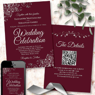 Silver Frills on Burgundy Elegant QR Code Wedding Invitation