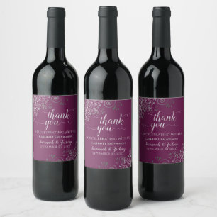 Silver Frills on Cassis Purple Wedding Thank You Wine Label