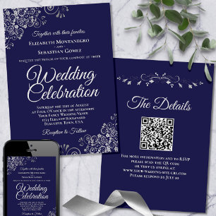 Silver Frills on Navy Blue Elegant QR Code Wedding Invitation