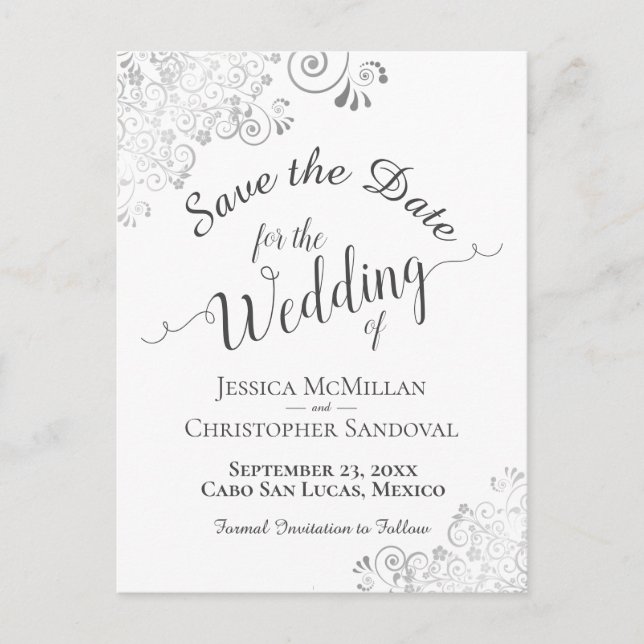 Silver Frills on White Wedding Save the Date Announcement Postcard (Front)